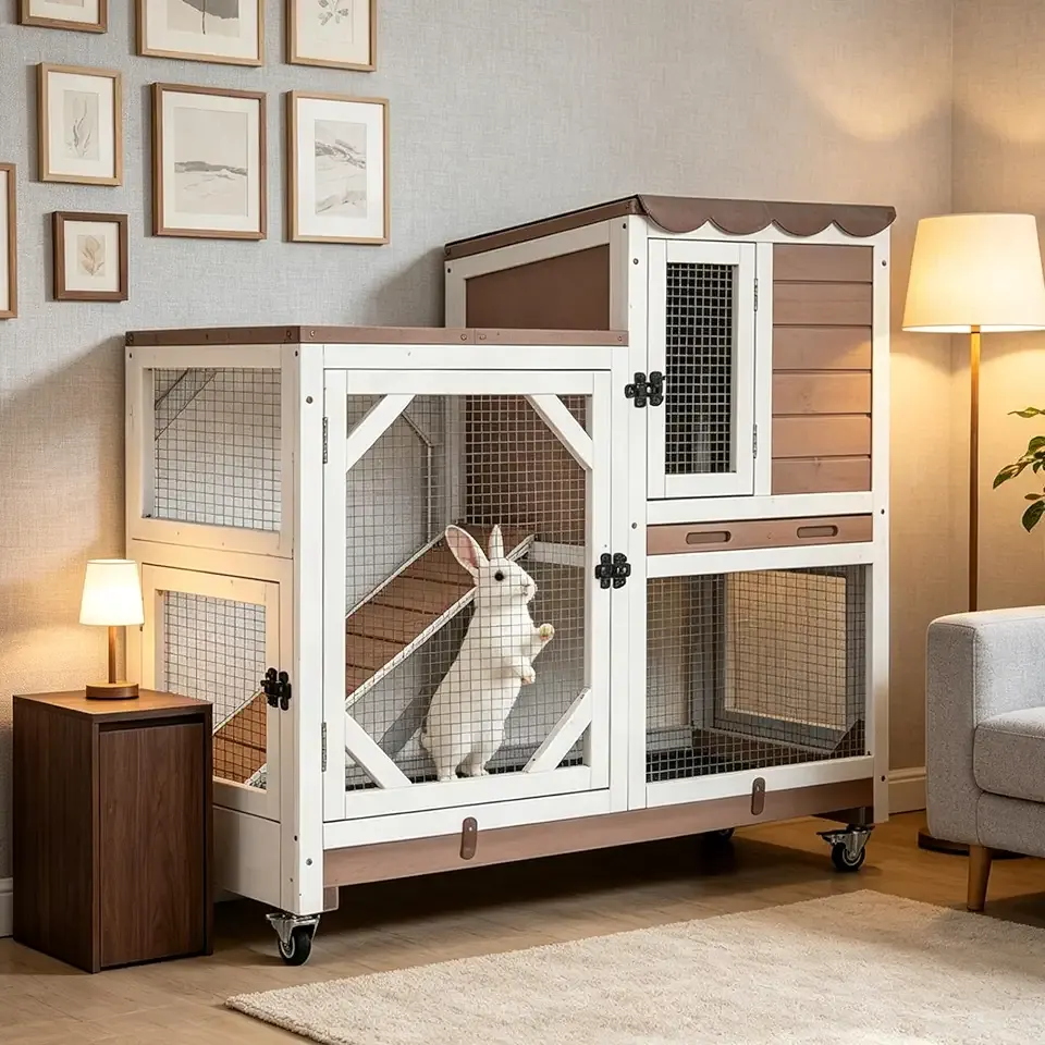 GUTINNEEN Duplex Rabbit Hutch Indoor with Chew-Proof Frame & 2 Leak-Proof Sliding Trays, Rain Cover, Wooden Guinea Pig Cages with Wheels - Brown