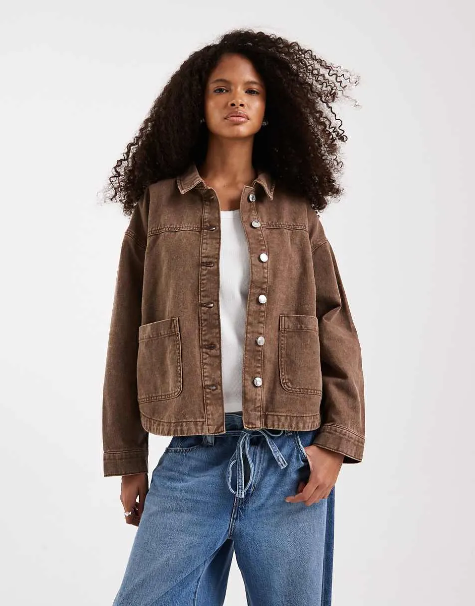Vero Moda denim shacket with front pockets in washed brown
