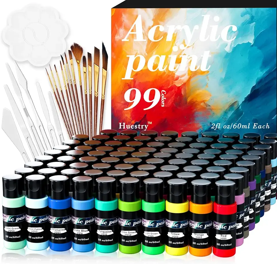 Acrylic Paint Set 118 PCS of 99 Colors 2fl oz 60ml Bottles with 12 Brushes and 6 Knives,Non Toxic No Fading Rich Pigment for Kids Adults Artists Canvas Crafts Wood Painting