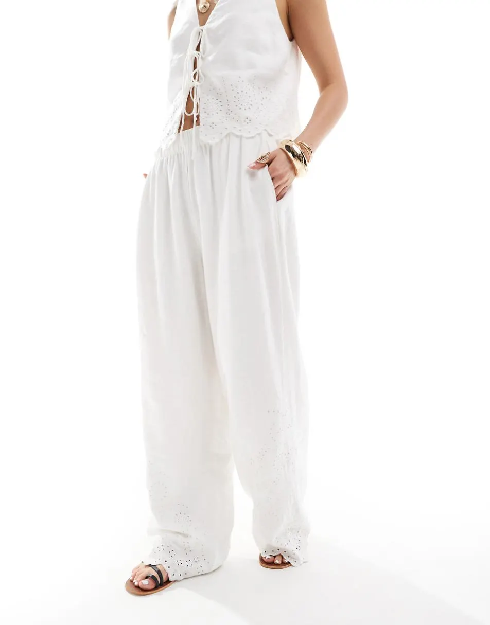 Abercrombie & Fitch co-ord linen blend wide leg trouser in white with eyelet detailing