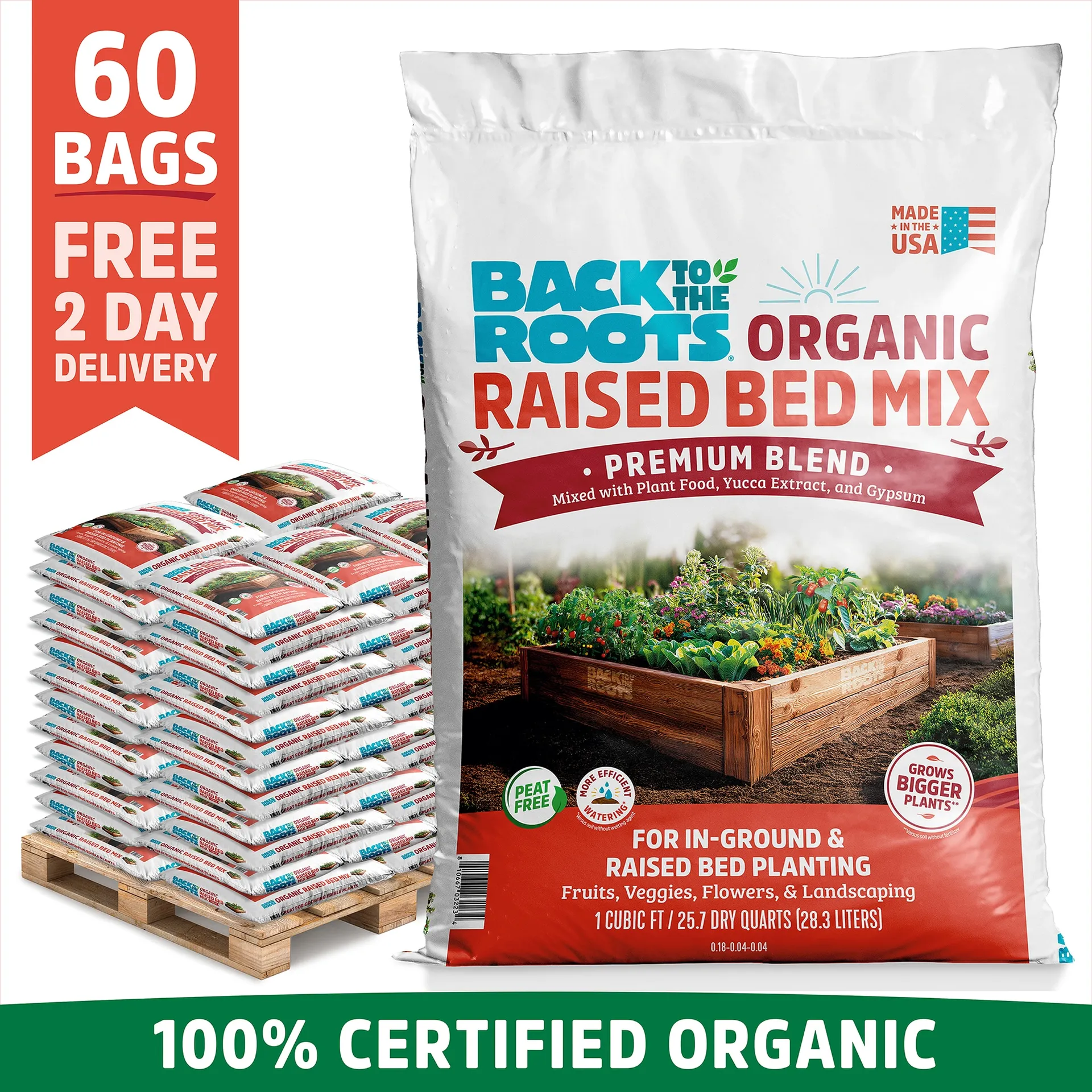 Back to the Roots Organic Bulk Raised Bed Soil Pallet (60 1 cu. ft. Bags), Premium Moisture Control Blend with Organic Fertilizer 60 cu ft OMRI listed Raised bed soil