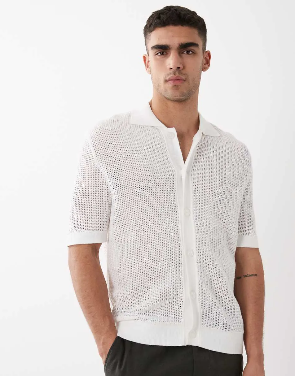 Selected textured knitted short sleeve shirt in white