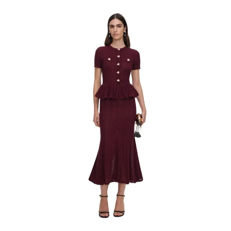 Pointelle Peplum Knit Midi Dress - Rød