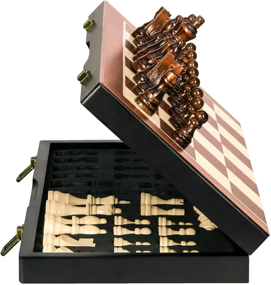 BIVOMON Chess Magnetic Wooden Chess Set 15" Unique Chess Board Game with Chess Pieces Storage Slots, Tournament Portable Folding Travel Chess Sets for Kids Adults Beginner and Pros, 2 Extra Queens