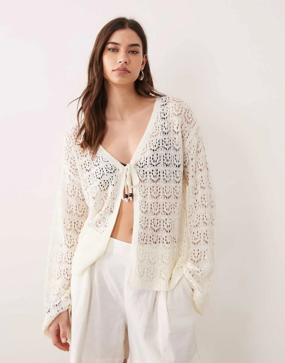 Miss Selfridge crochet boho tie front festival cardigan in cream