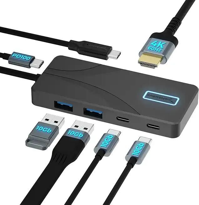 SABRENT USB C Hub 5-in-1 Docking Station, 10Gbps USB-A & USB-C Ports, 4K HDMI Output, 100W PD Input, 80W Charging, Aluminum USB Hub for Laptops/Phones/Tablets – HDR/HDCP (HB-TG5P)