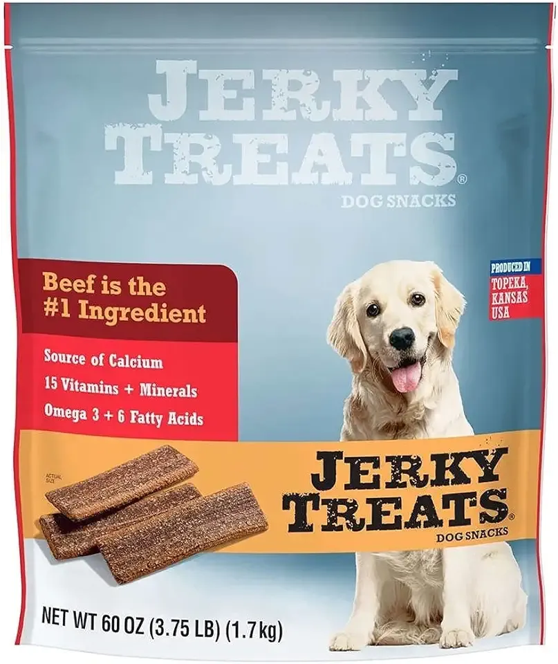 Jerky Treats Tender Beef Strips Dog Snacks 15 Vitamin& Mineral& Omega 3 Made in USA, 60 oz, New Packaging (1 Pack)