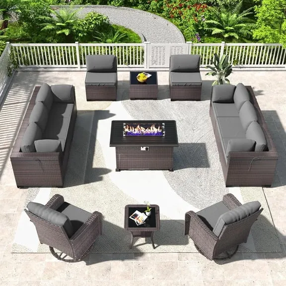 Gotland 13PCS Outdoor PE Rattan Wicker Patio Furniture Set with 43" Fire Pit Table & Swivel Rocking Chairs Set,Gray