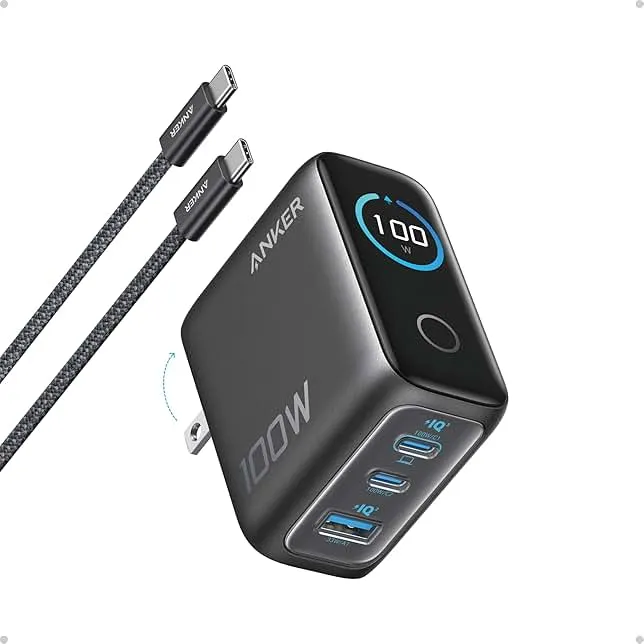 Anker Charger, 100W Max Ultra-Compact 3-Port GaN USB C Charger Block with Smart Display and Touch Control, Fast Wall Adapter for iPhone 17/16 Series, iPad, MacBook (Include Charge Cable, Non-Battery)