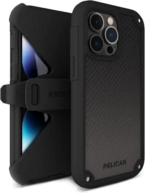 Pelican Shield Kevlar Series - iPhone 14 Pro Max Case 6.7" [Compatible with MagSafe] [21FT Military Grade Drop Protection] Magnetic Charging iPhone Case with Belt Clip Holster Kickstand Cover - Black