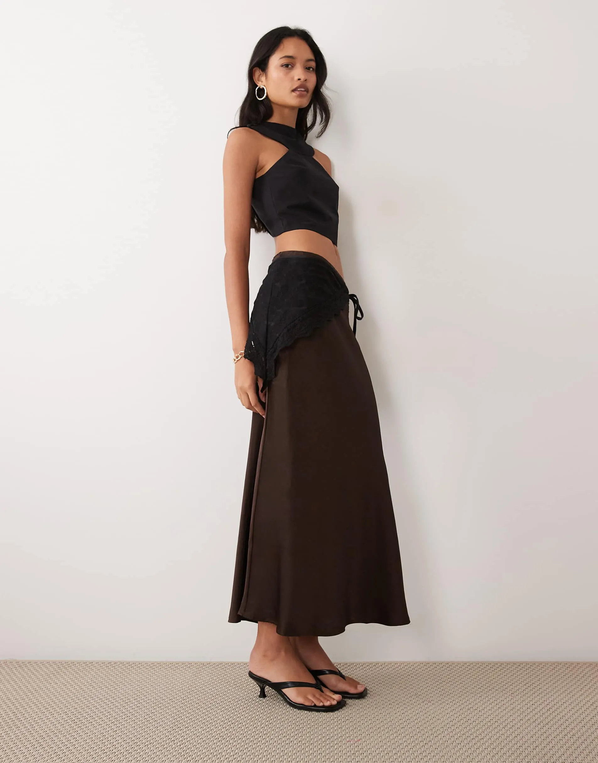 Vila satin maxi skirt with detachable waist scarf in chocolate brown
