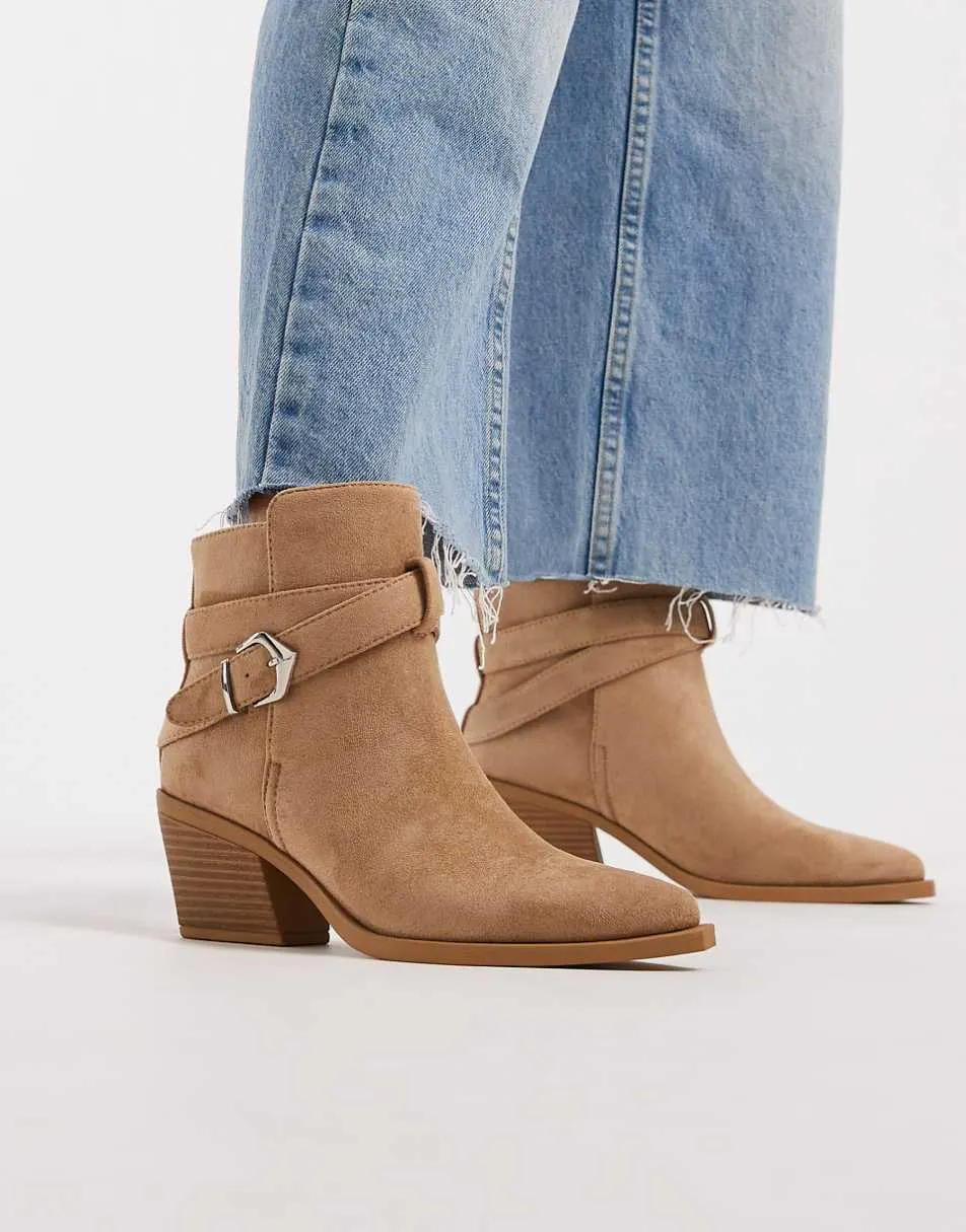 SEQWL Western low ankle boot with buckle detail in taupe suedette
