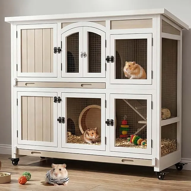 Gowoodhut 47" L Large Guinea Pig Cage Indoor with Wheels, 2-Story Wooden Hutch with 2 Deep Pull-Out Trays, Anti-Chew Ramps & Hideout…
