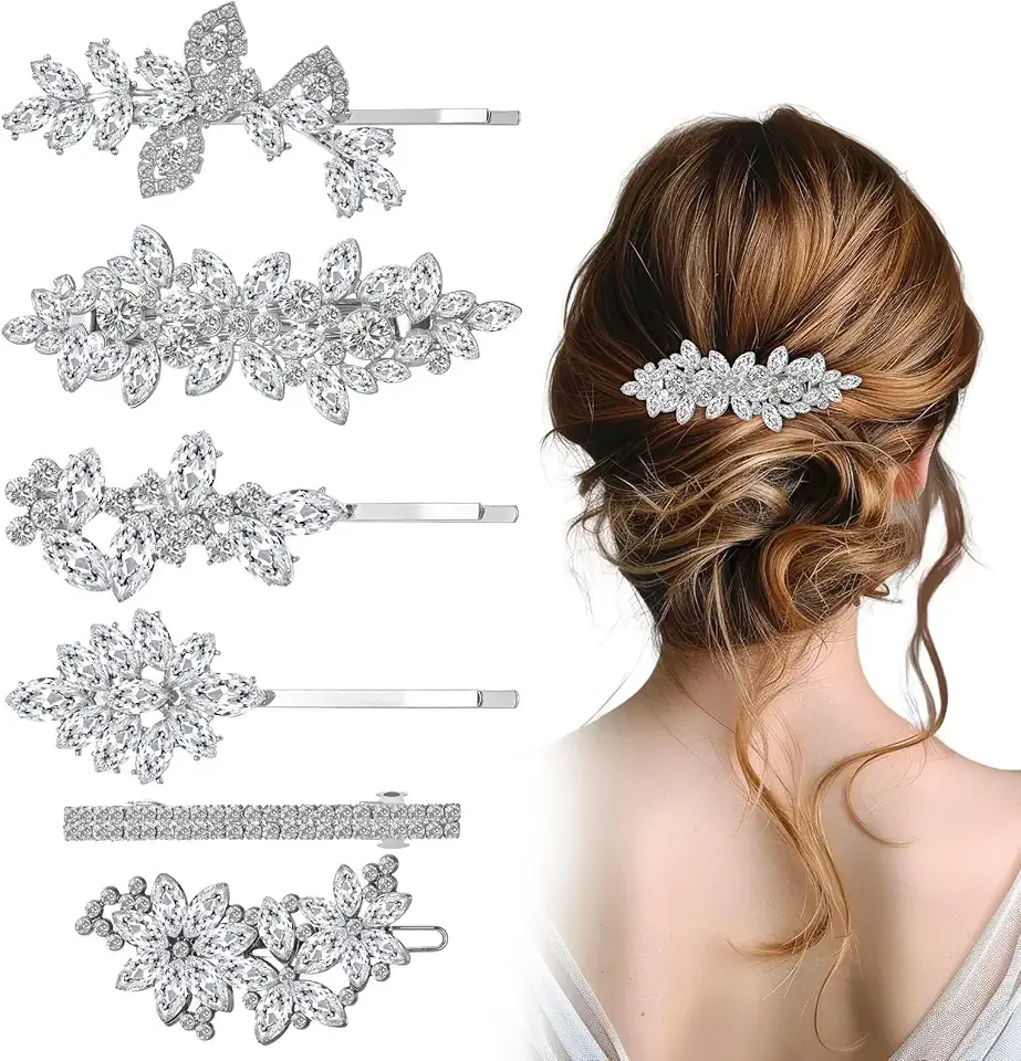 Rhinestone Hair Clips 6 Pcs - Leaf Bobby Pins for Women, Crystal Flower Hair Pins Silver Sparkly Bridal Hairpin Barrette for Wedding, Party