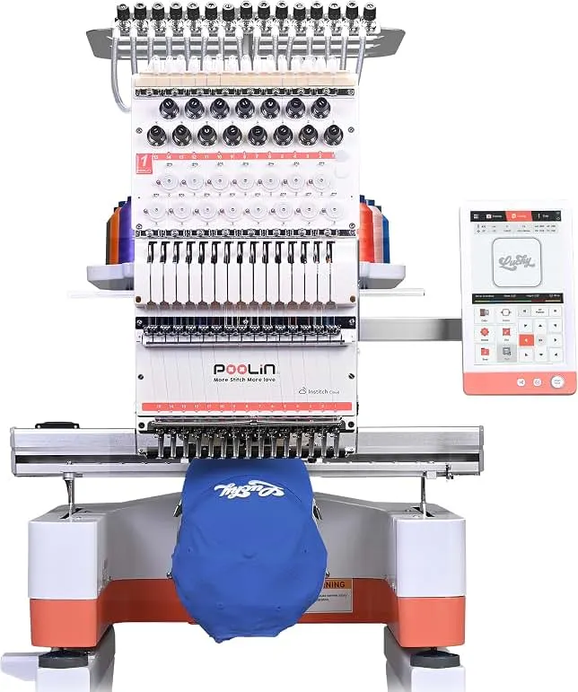 Poolin EOM 15-Needle Commercial Embroidery Machine,14.2"x9.5" Large Embroidery Area for Small Business User Friendly,for Hats,Cap & 3D Caps & Daily Orders,Auto Color Change & Trim,WiFi/USB Transfer