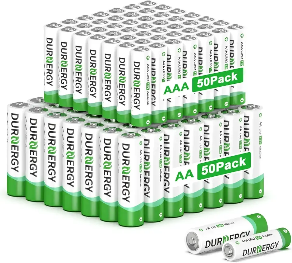 DURNERGY AA and AAA Batteries Combo Pack, 100 Count 50 AA and 50 AAA, Alkaline 1.5V Batteries, 10 Year Shelf Life, for Remote Controls, Toys, Flashlights, Clocks, Compatible with A76, LR6, LR03