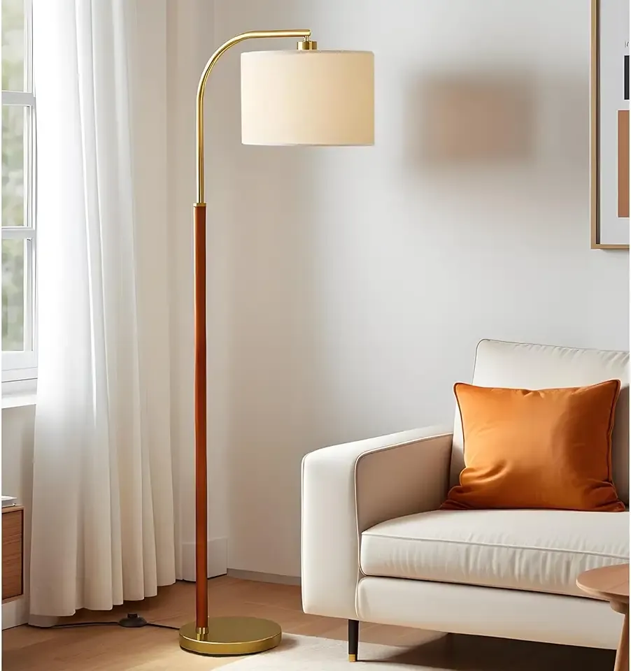66” Walnut Gold Floor Lamp for Living Room, 1200 Lumens 3-Level Brightness Arc Floor Lamp for Bedroom, Wood Vintage Mid Century Modern Standing Lamp, Adjustable Lampshade, LED Bulb Included
