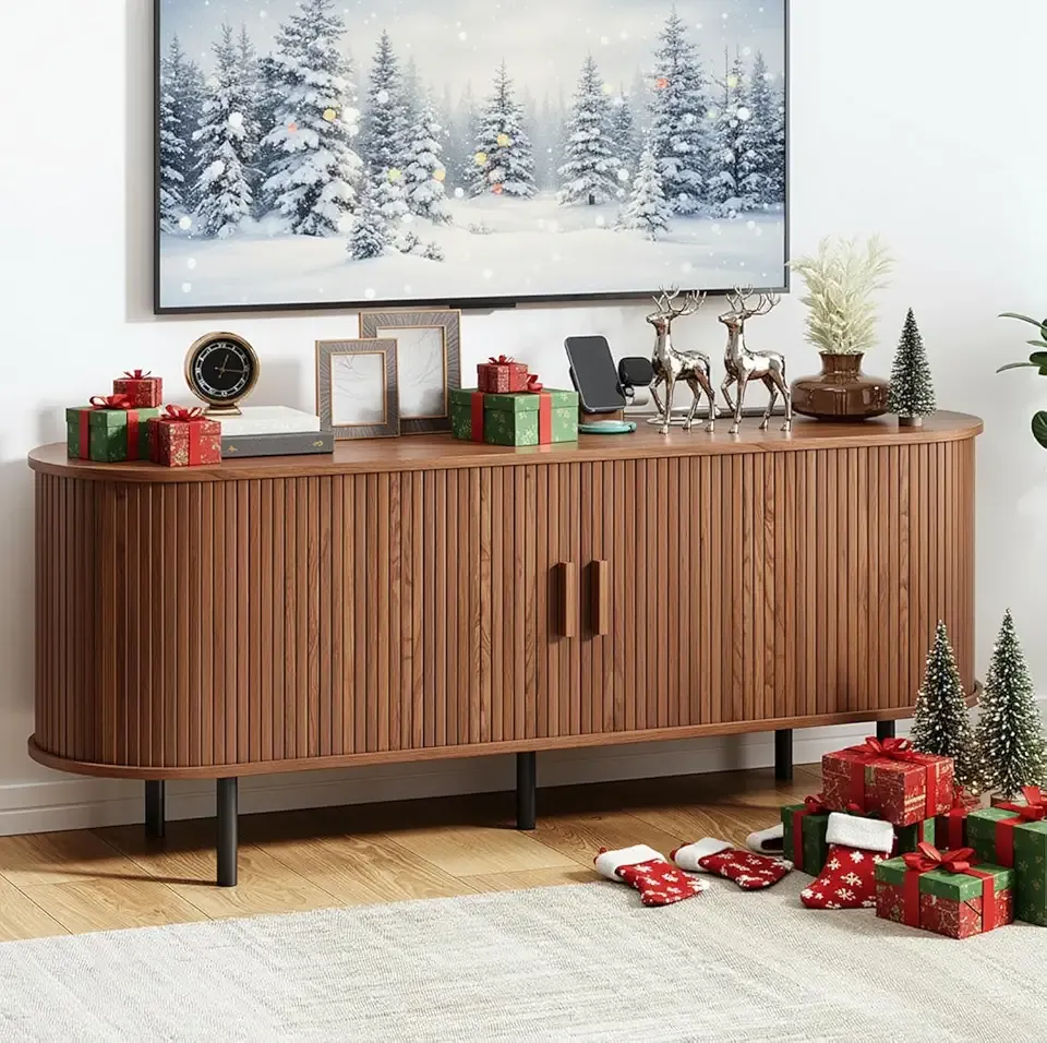 TV Stand with Power Outlet, Mid-Century Modern Television Stand, Media Console with Sliding Doors, Entertainment Center for TVs up to 60 Inch, Adjustable Shelves, Walnut