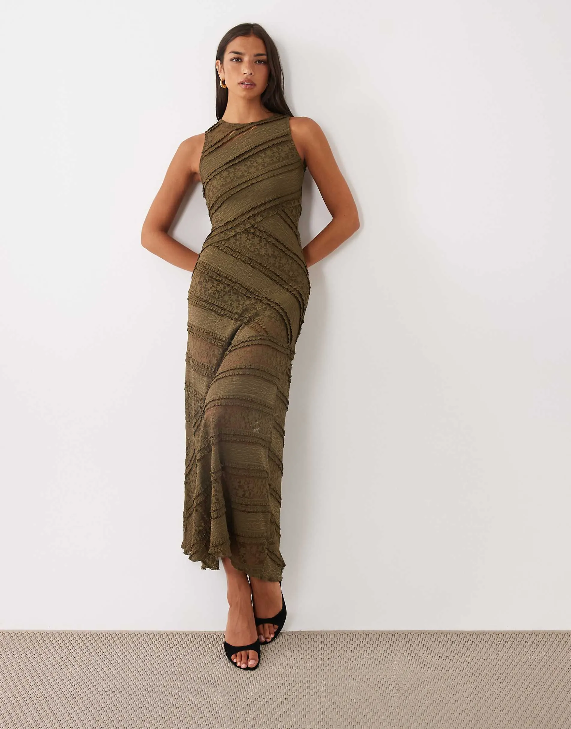 ASOS DESIGN spliced tiered lace midi dress in khaki