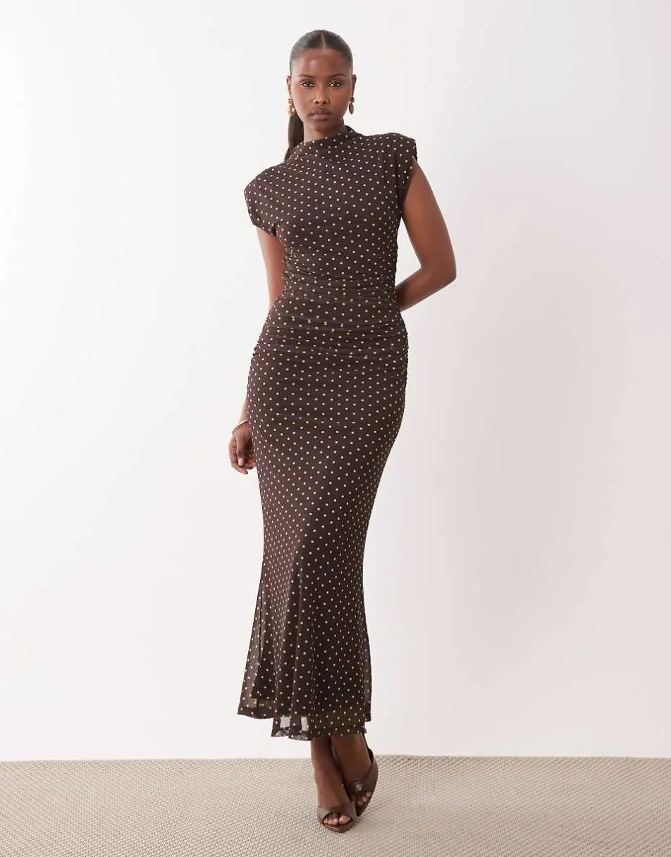 ASOS DESIGN printed mesh high neck detail maxi dress with shoulder pads in polka dot