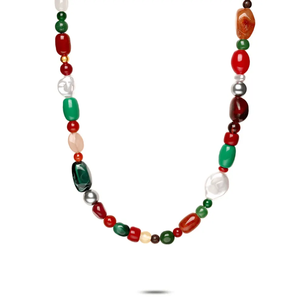 Halsketting in edelstaal, kleurrijke stenen