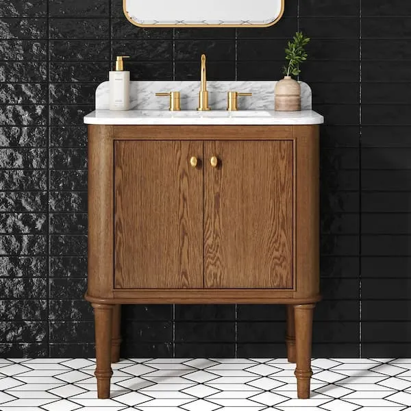Home Decorators Collection Collette 30 in. Single Sink Freestanding Bathroom Vanity in Cinnamon Oak with White Carrara Marble Top (Assembled)