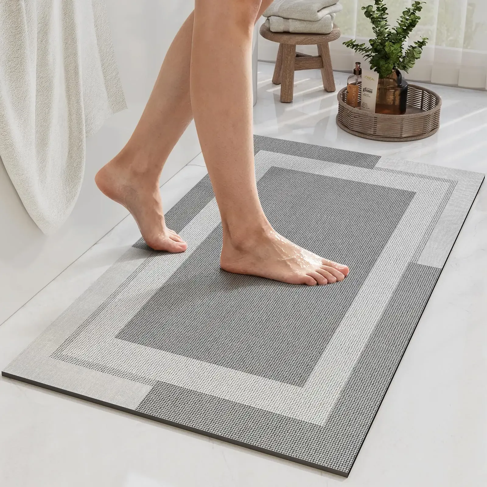 YDKGL Non Slip Bath Mat, Rubber Backing Ultra Thin Bathroom Rugs Fit Under Door Quick Dry Super Absorbent Washable Bath Rug Shower Mat for Bathroom Floor Bathtub Shower Sink, Easy Care Gray 16"x 24"