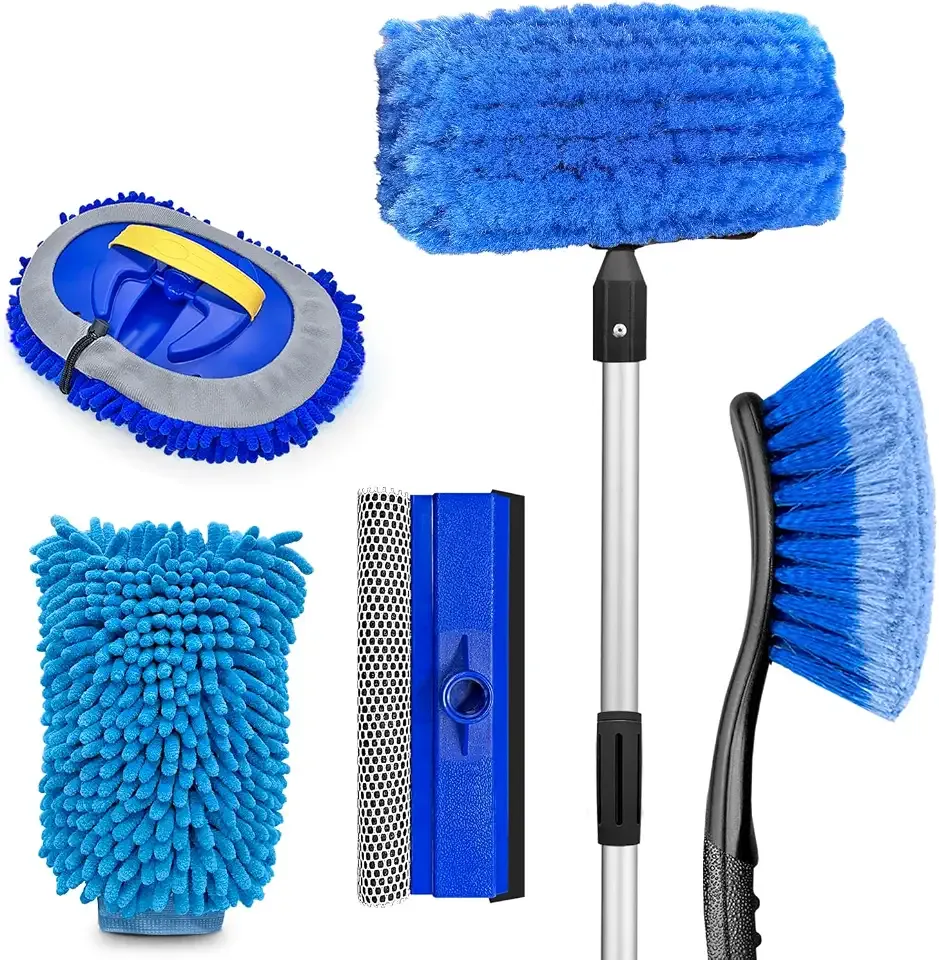 ARTIPOLY 65'' Five-Sided Car Wash Brush with Long Handle, Scratch-Free Car Cleaning Kit with Soft Wash Brush, Tire Brush, Window Squeegee, Car Wash Mitt, Microfiber Cleaning Head & Extension Pole