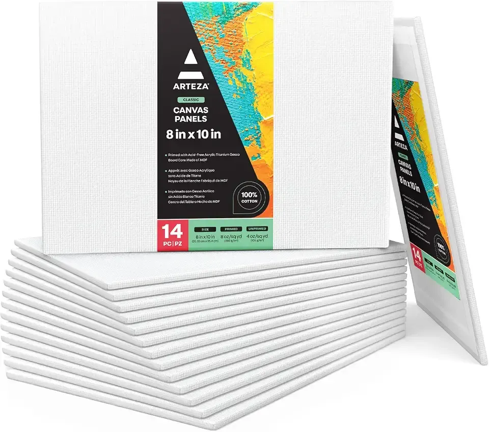 ARTEZA Canvas Panels, 8 x 10 in, Pack of 14, 100% Cotton Pre-Primed Canvas Boards for Acrylic, Oil, Gouache, Tempera, Pouring Paint, Crafts, and Mixed Media