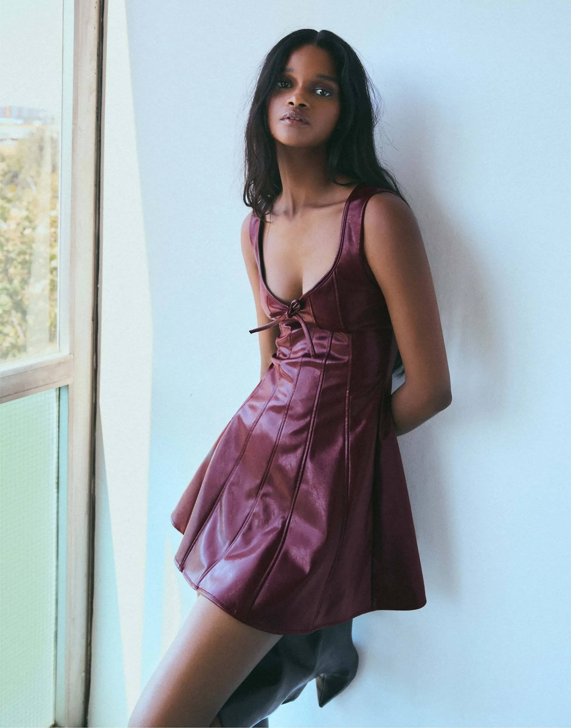 Bershka Leather effect strappy mini dress with sweetheart neckline in burgundy