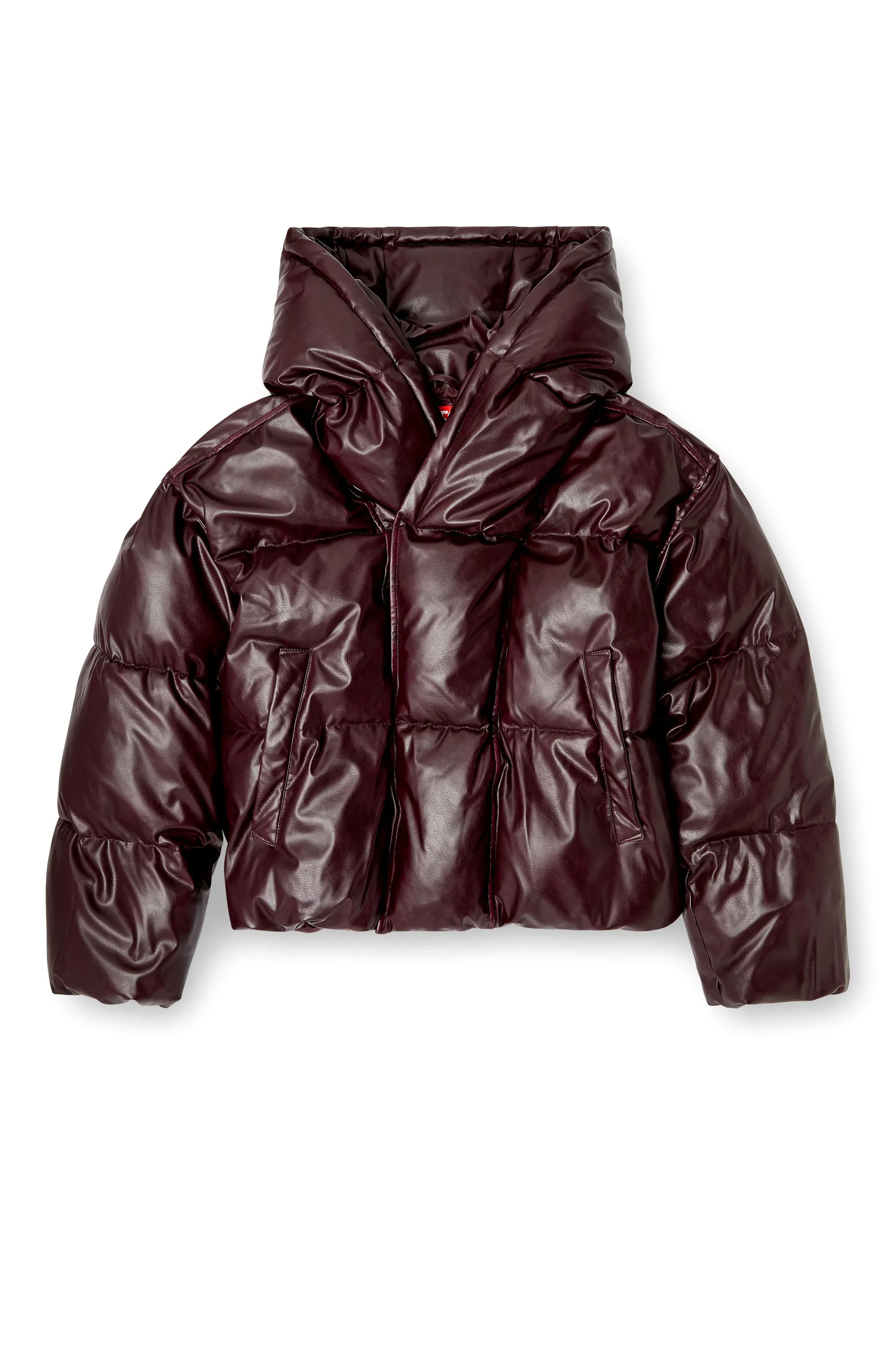 Hooded puffer jacket in burgundy
