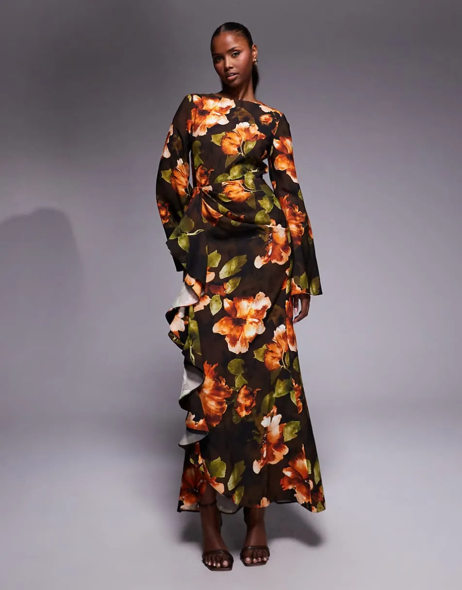 ASOS DESIGN long sleeve maxi dress with ruffle skirt in dark floral print