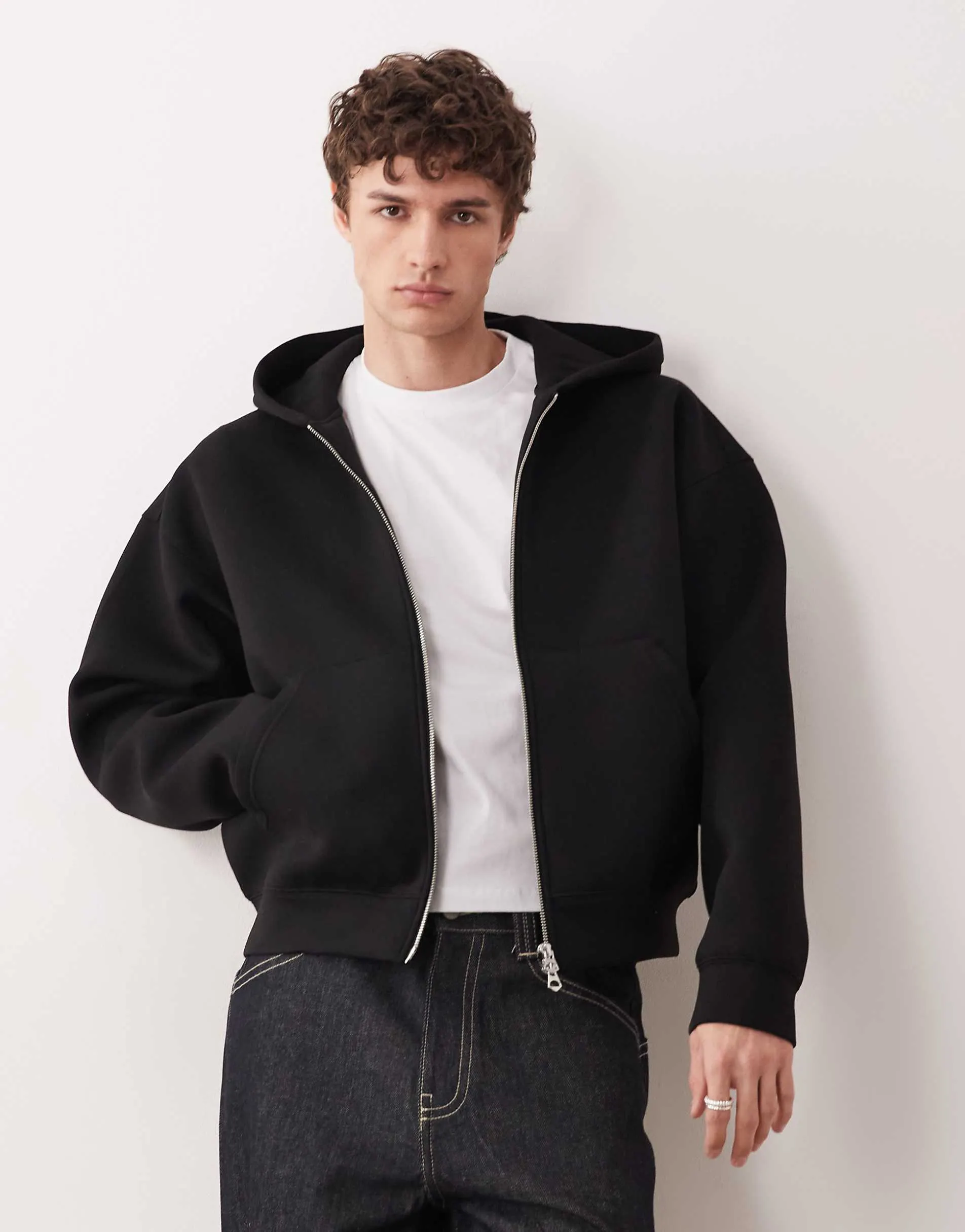 Weekday Simon zip through hoodie in black in scuba-style fabric