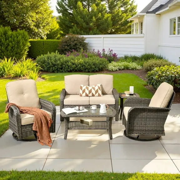 Ovios 5 Pieces Outdoor Patio Furniture Set High Back All Weather Wicker Conversation Set with Swivel Chairs & Coffee Table, Beige