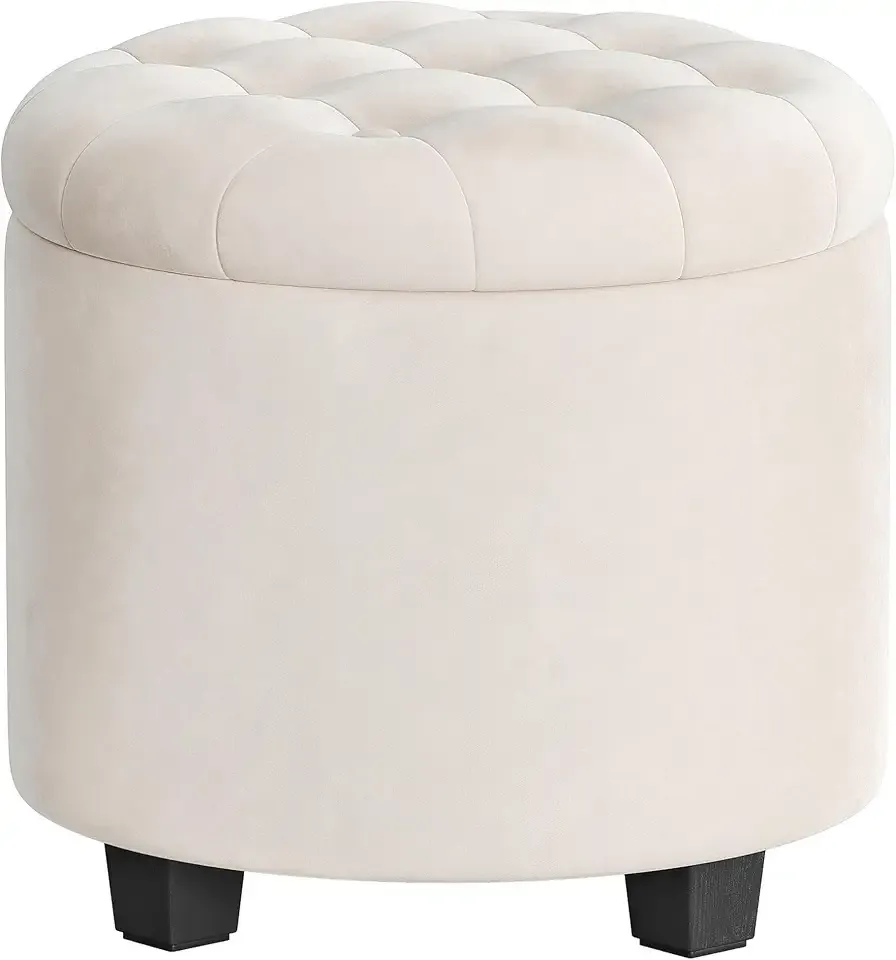 Round Ottoman, Ottoman with Storage, 17.7 x 17.7 x 17.5 Inches, Foot Rest with Legs, Velvet, Load up to 330 lb, for Living Room, Bedroom, Cream White ULOM012W01