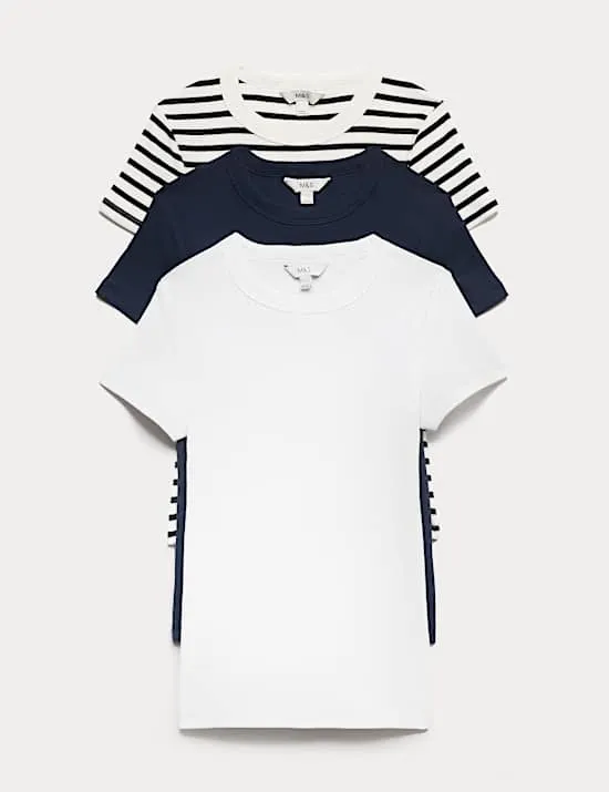 3 Pack Cotton Rich Ribbed Slim Fit T-Shirts