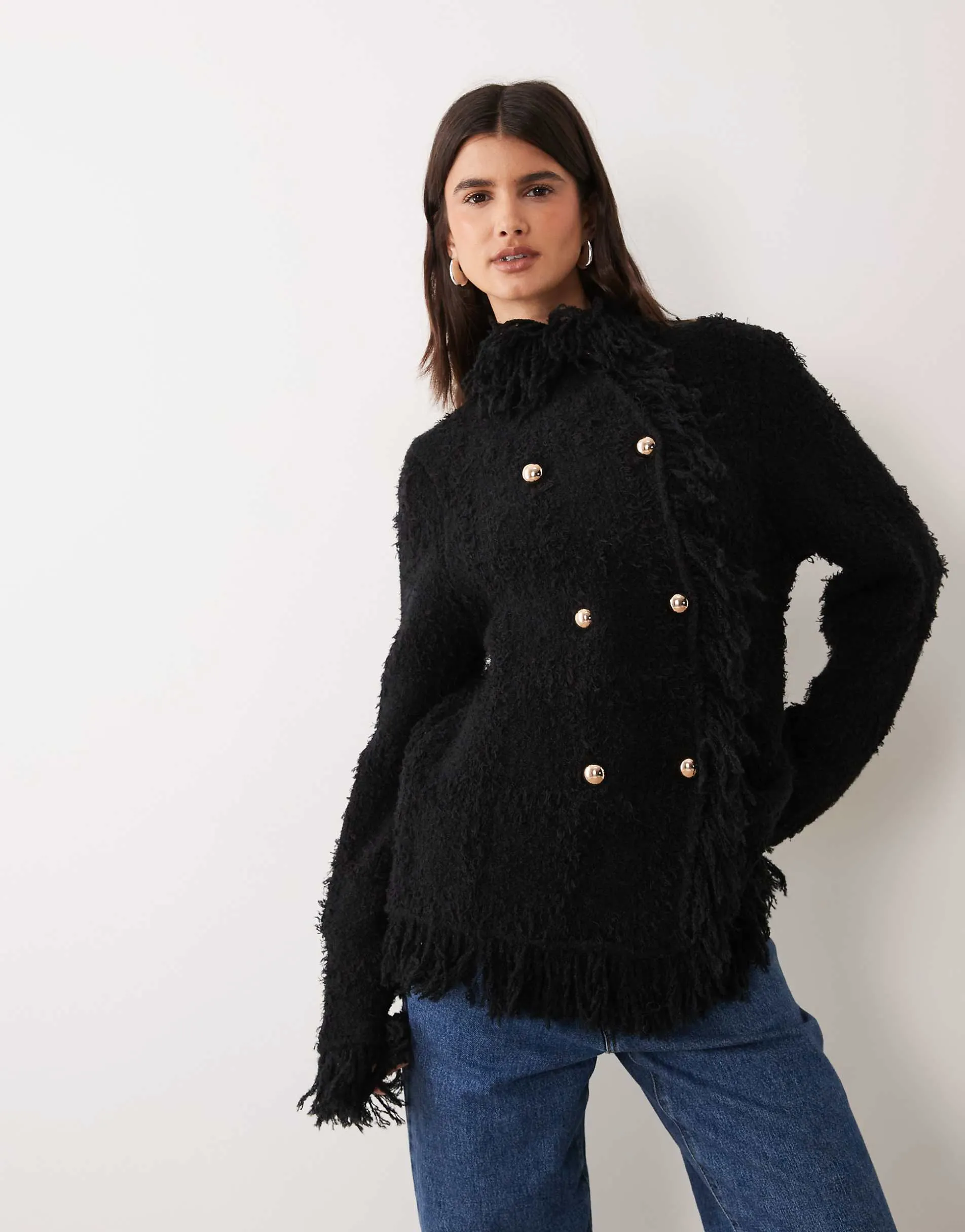 ASOS DESIGN textured fringe double breasted cardigan in black
