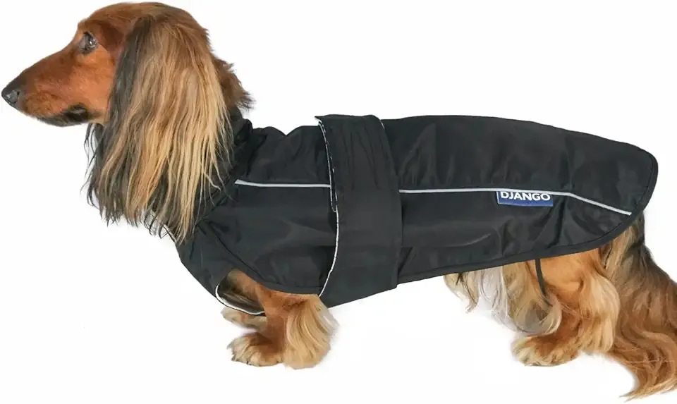 DJANGO Dog Jacket & Raincoat – Lightweight Water-Resistant Coat for Small, Medium & Long Dogs Like Dachshunds – Reflective, Adjustable Fit, Harness-Compatible & Easy-Access Harness Hole - Black, Small