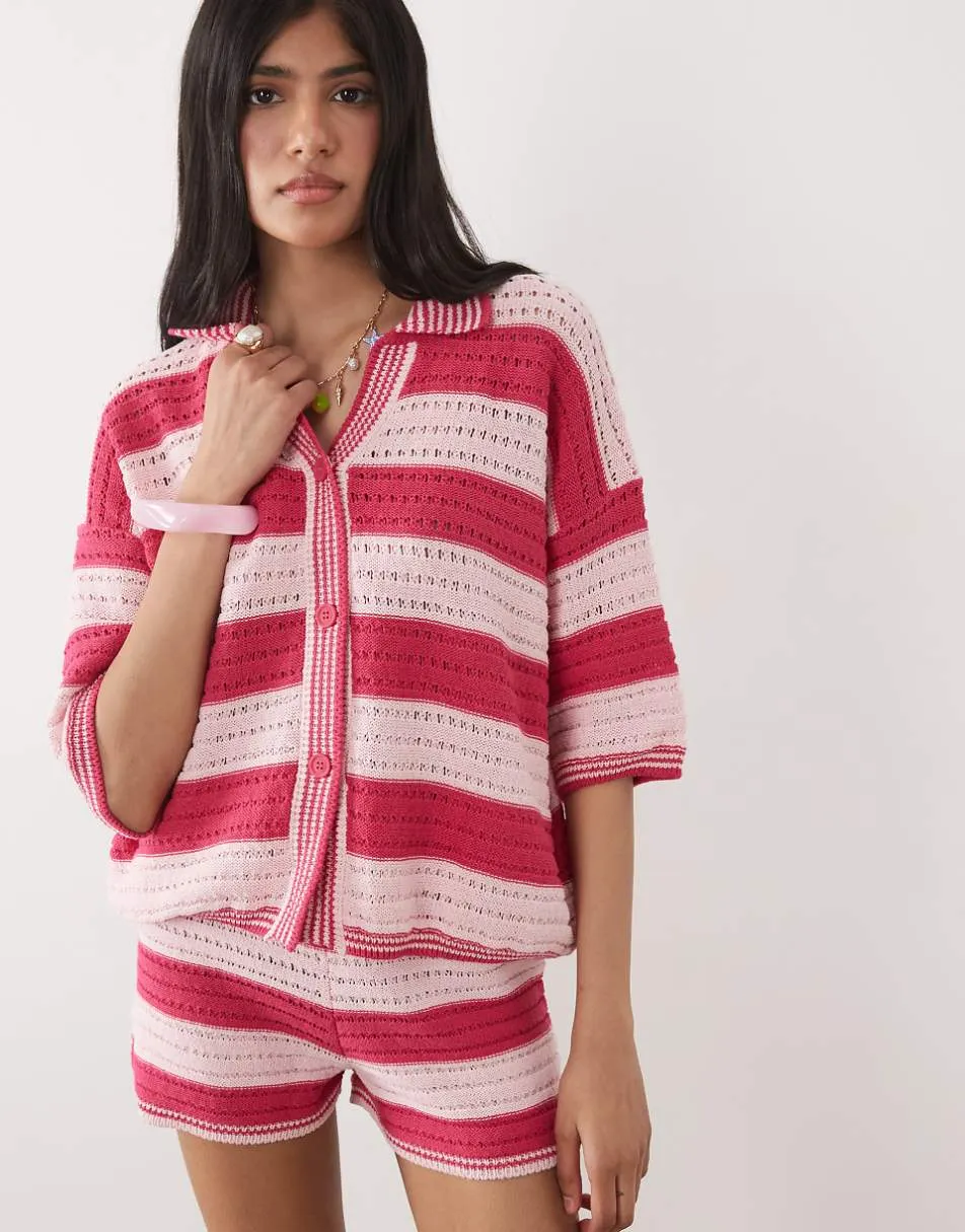 ASOS DESIGN Sally beach knit button through top co ord in pink stripe