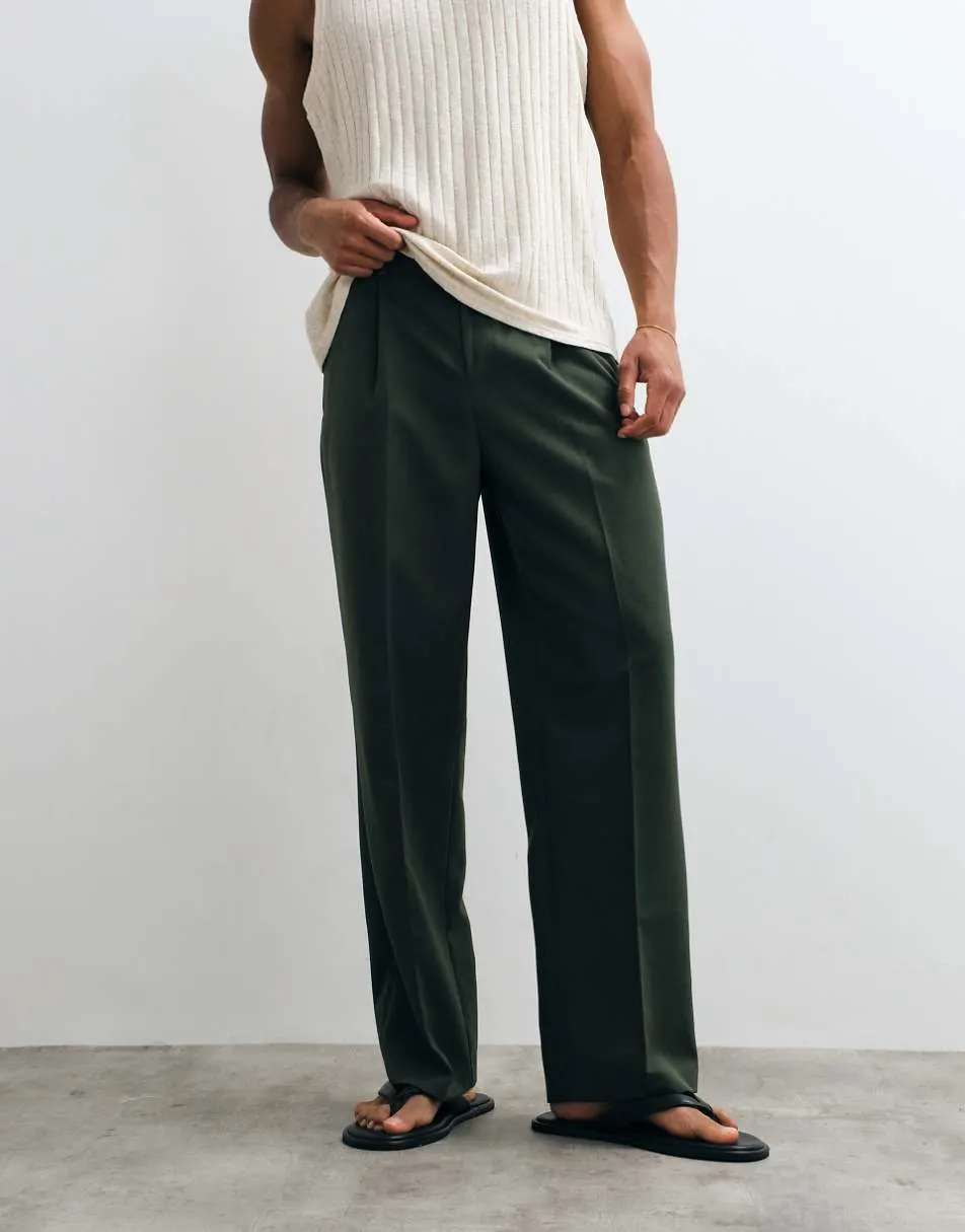 ASOS DESIGN smart pleated wide leg trousers in dark green