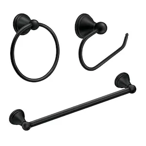 MOEN Preston 3-Piece Wall Mounted Bathroom Accessory/Hardware Set with Toilet Paper Holder Towel Ring and 18-Inch Towel Bar in Matte Black