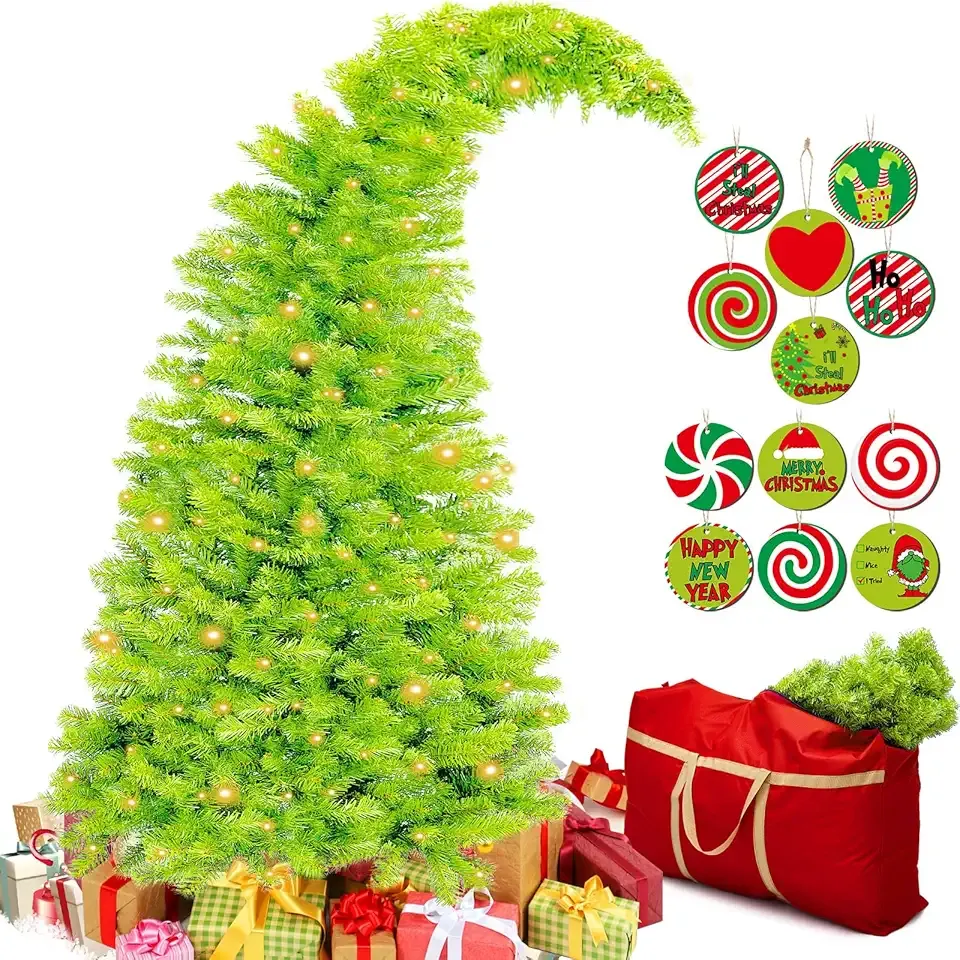 Bendable Christmas Tree Whimsical Christmas Pre-Lit Lime Green Stole Bent Top Artificial Xmas Tree Decorations with LED Lights Ornament Bag(4ft)