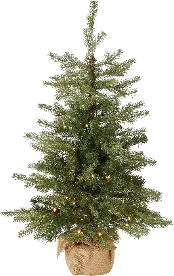 National Tree Company 3 ft Pre-Lit Nordic Spruce Mini Artificial Christmas Tree, Burlap Base, Red Bow, 50 Clear LED Lights, 363 Tips, Timer, Green