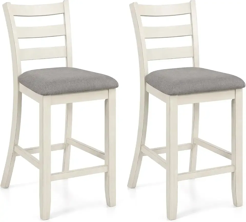 COSTWAY Bar Stools Set of 2, 26'' Upholstered Counter Height Barstools with Back, Padded Seat & Footrest, Farmhouse Wooden Bar Chairs for Kitchen Island Dining Room, Pub, Cafe (Beige)