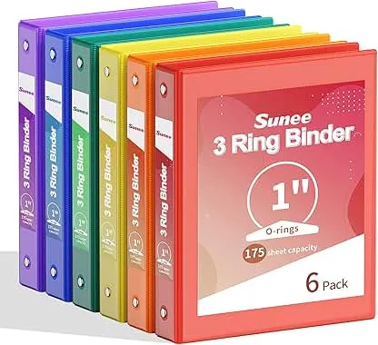 SUNEE 1 Inch Binders 3 Ring 6 Pack, Clear View Three Ring Binders PVC-Free (Fit 8.5x11 Inches) for School Binder or Office Binder Supplies, Classic 6 Colors SUNEE 1 Inch Binders 3 Ring 6 Pack, Clear View Three Ring…