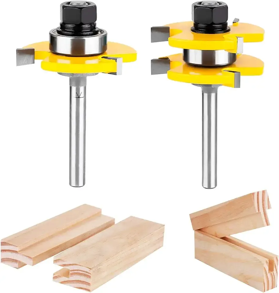 KOWOOD Tongue and Groove Set of 2 Pieces 1/4 Inch Shank Router Bit 3 Teeth Adjustable T Shape Wood Milling Cutter