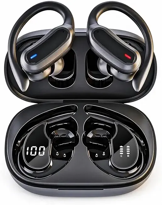 Wireless Earbuds Bluetooth Headphones, 54H Playtime Stereo Over Ear Buds with ENC Noise Cancelling, LED Power Display, IPX7 Waterproof Sport Earphones with Earhooks for Running/Workouts (Black)