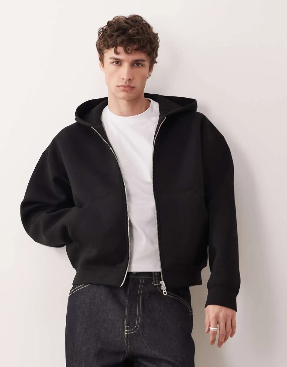 Weekday Simon zip through hoodie in black in scuba-style fabric