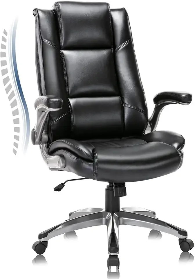 Leather Executive Office Chair - High Back Home Computer Desk Chair with Padded Flip-up Arms, Adjustable Tilt Lock, Swivel Rolling Ergonomic Chair for Adult Working Study, Black