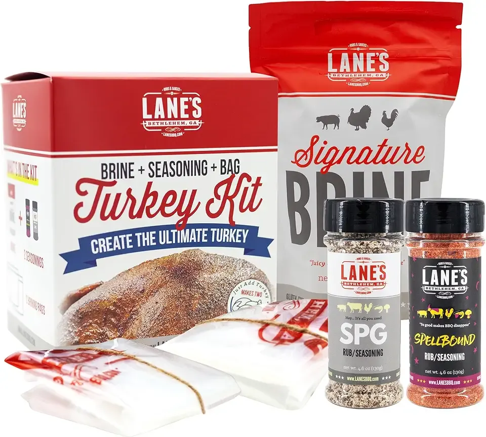 Lane's Ultimate Turkey Brine Kit with Bag - Includes 20 oz Signature Brine, SPG Turkey Seasoning, Spellbound Rub, 2 XL Brining Bags for Tender & Flavorful Smoked Meat, Gluten-Free, No MSG, Made in USA